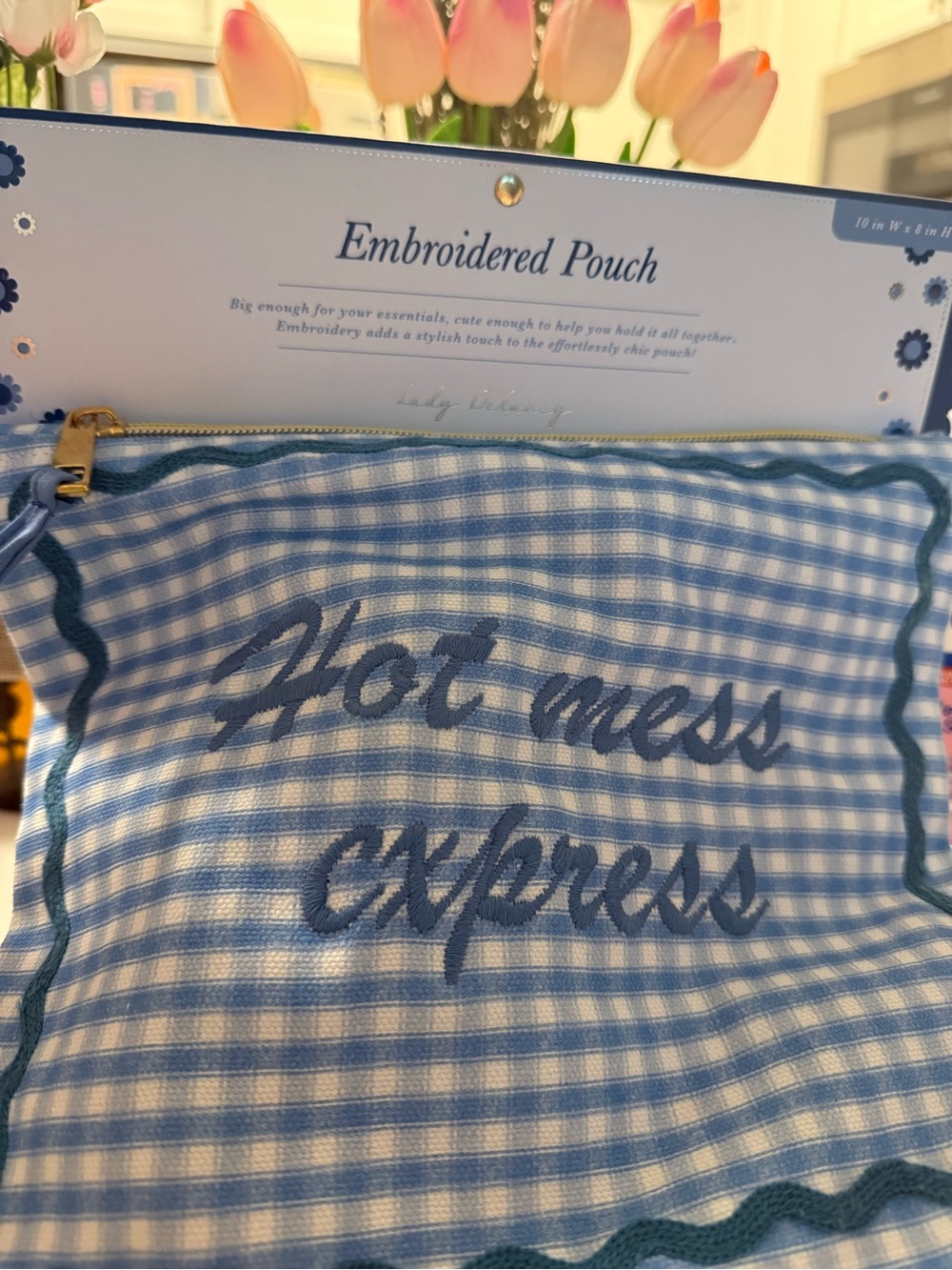 🌷NEW🌷Embroidered 'Hot Mess Express' Blue Gingham Pouch